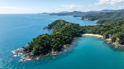 Obraz premium Aerial view of tropical coastal peninsula with turquoise waters and lush green vegetation