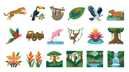 Obraz premium Amazon Rainforest Ecosystem Flat Vector Illustration Set with Wildlife, Flora, and Nature Icons