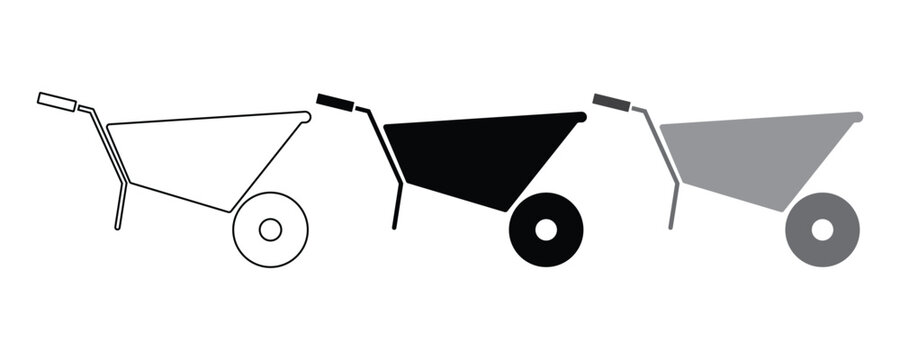 Construction and garden wheelbarrow cart vector icon set showcasing outline, black silhouette, and grey colour styles for hauling and moving