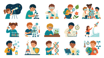 Fototapeta premium Flat Illustration of Diverse Children Learning Science and Technology in STEM Education