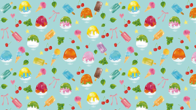 水彩風　かわいいかき氷とアイスクリームとアイスバーのパターン　Summer Series:Watercolor-style pattern featuring cute shaved ice, ice cream, and ice lollies