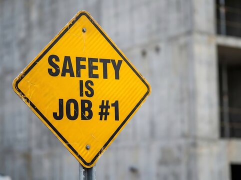 A vividly colored bright yellow diamond shaped safety sign clearly and prominently shows the important message safety is job number one with a blurred
