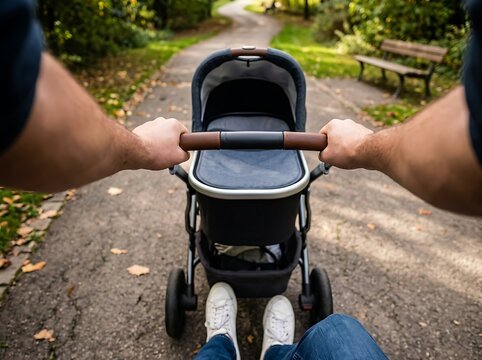 First person perspective of a loving parent gently pushing a sleek contemporary baby stroller along a beautiful path surrounded by lush green trees on