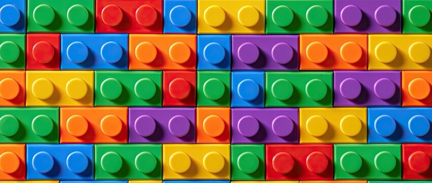 A close-up, overhead view of interlocking plastic building blocks in various bright colors