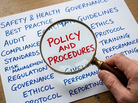 A detailed magnifying glass is carefully positioned to highlight the important words policy and procedures amid a collection of business and safety related terminology