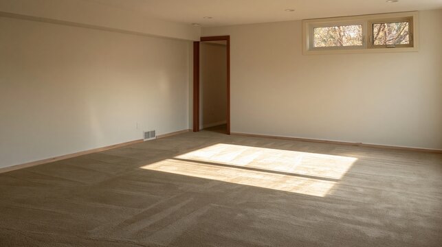 Olive green plush carpet in an empty renovated basement room with smooth cream walls and a daylight beam, featuring copy space for property listings