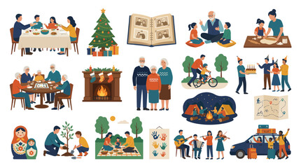 Fototapeta premium Flat Design Vector Family Lifestyle Activities Generations Illustration Set