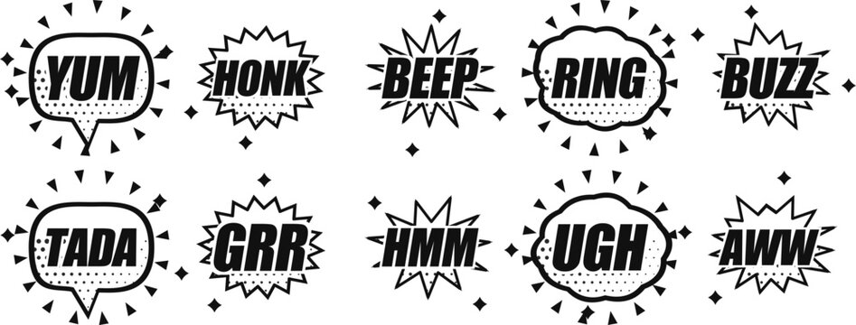 Comic Sound Effect Playful Noise Words - Pop Art Speech Bubble Set of 10