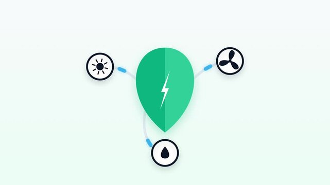 Clean green energy icons connected to central power symbol