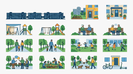 Fototapeta premium Sleek Colorful Community Living Featuring Diverse Urban Scenes Play Areas Housing and Social Activities