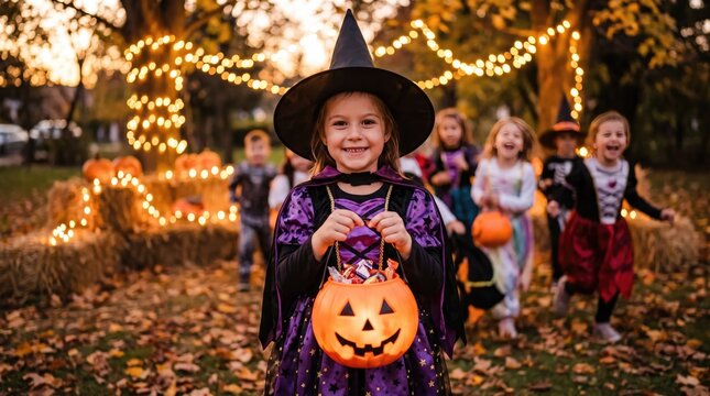 A young witch trick or treating on a festive halloween night with friends