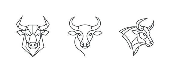 Fototapeta premium Minimalist line art illustrations of three distinct bull heads in black and white