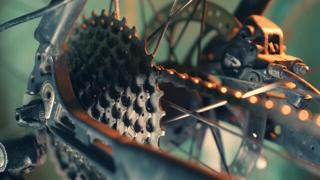 Close-Up Bicycle Gear Cassette with Chain Slow Rotation | Colorful Cinematic Lighting on Metal Sprockets | Slow Motion Mechanical Detail Shot
