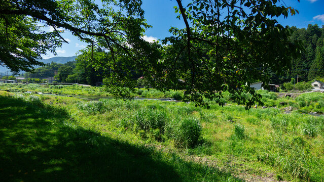 Riverbank Promenade Trail for Cycling and Fishing along Houki River in Shiobara Onsen, Nasushiobara, Tochigi, Japan