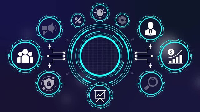 creative thinking process and business innovation concept with futuristic hud interface on dark background. digital infographic displaying creative business strategy, ideas, and team collaboration