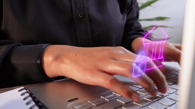 Banking data protection. Image focusing on the interaction between a businesswoman and her laptop, featuring a virtual bank icon with a padlock.