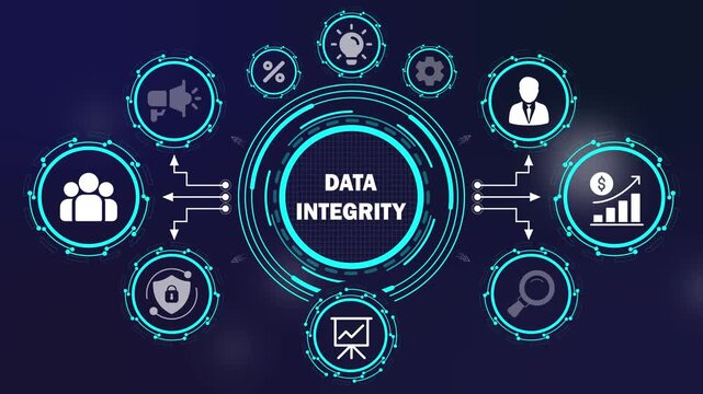 data integrity concept with various business icons on a digital interface, representing security, analysis, and management. conceptual visualization of secure data management and reliable information.