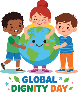 Three diverse children smiling and hugging a cute cartoon globe with a face for global dignity day celebration with colorful text and leaf on a white background