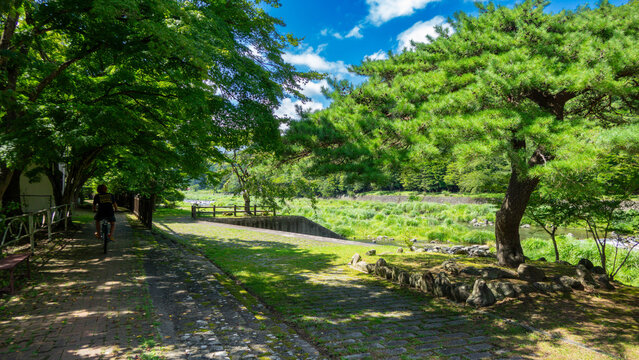 Riverbank Promenade Trail for Cycling and Fishing along Houki River in Shiobara Onsen, Nasushiobara, Tochigi, Japan
