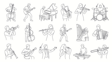 Fototapeta premium Diverse Musicians Playing Instruments Black and White Line Art Vector