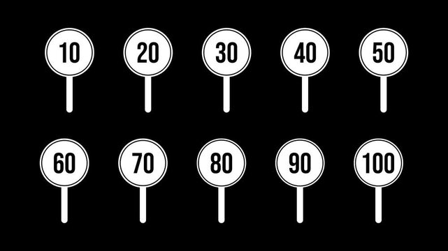 Score numbers from 10 to 100 on judging paddles for rating, evaluation, ranking and performance assessment, transparent background animation