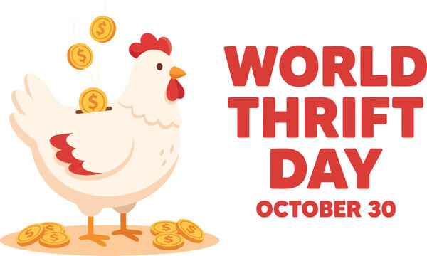 White chicken piggy bank with falling gold dollar coins and red text for thrift day on october 30 against a plain white background