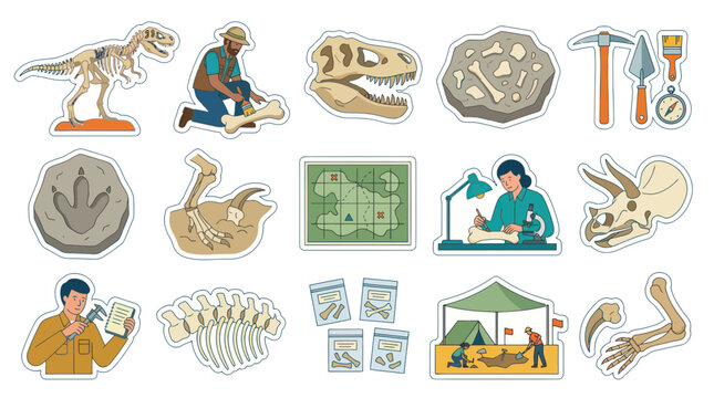 Dinosaur fossil excavation and paleontologist vector art icons, flat design
