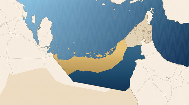 Stylized geographical map highlighting the United Arab Emirates in gold on the Arabian Peninsula, showing surrounding countries and water.