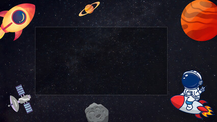 Outer space illustration border featuring rockets, planets, an astronaut, and a dark central copy space frame. © VISUALCRAFT