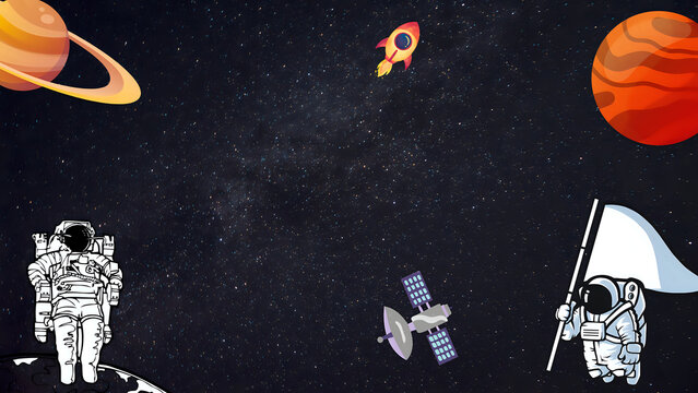 Astronaut exploring deep space with a blank flag alongside rockets and planets in a colorful cosmic universe.