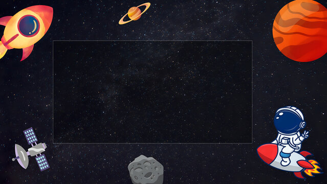 Outer space illustration border featuring rockets, planets, an astronaut, and a dark central copy space frame.