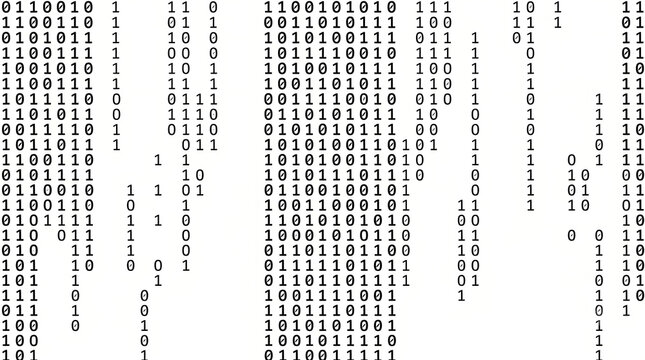 Binary code background with black zeros and ones. Digital data stream on white. Computer programming and cybersecurity concept.