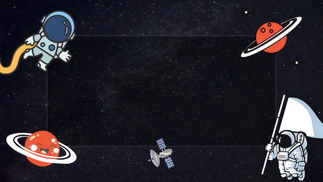 Astronaut frame template with cosmonauts and ringed planets surrounding a dark space copy space area.