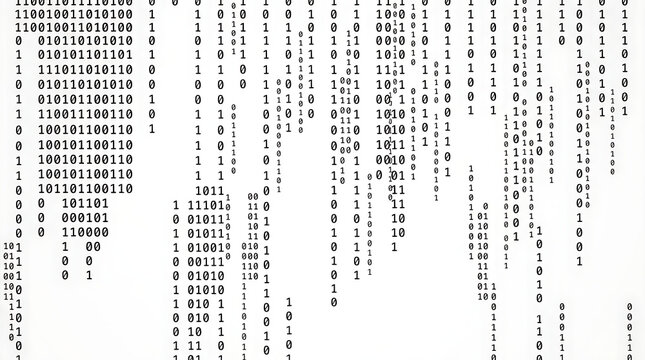 Binary code background with falling digital numbers, abstract data stream on white, computer programming and cybersecurity concept
