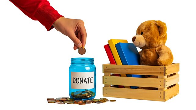 Child donating coins into charity jar beside books and teddy bear