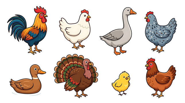 Farm birds collection, set of 8 poultry illustrations including rooster, turkey, duck and chicken, cartoon livestock icons