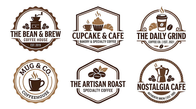 Vintage coffee logo collection, brown cafe badge set with 6 emblems, rustic bakery and espresso shop branding graphics