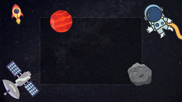 Astronaut frame background with rocket ship and satellite floating across a dark starry space design.