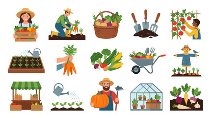 Fototapeta premium Flat Design Gardening and Farming Icons Set with Farmers, Fresh Vegetables, Plants, and Agricultural Tools