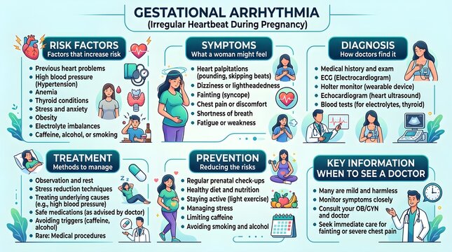 Gestational arrhythmia infographic for pregnancy explaining irregular heartbeat risk factors, symptoms, diagnosis, treatment, prevention, warning signs, maternal safety, and prenatal heart care.