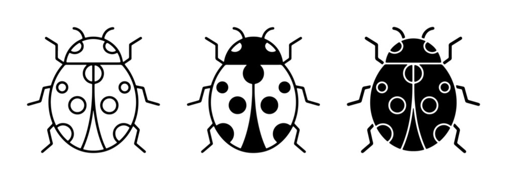 Ladybug Icons Set, Vector Illustrations of Ladybirds, Simple Insect Graphics, Black and White Ladybug Designs for Nature Themes