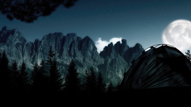 Giant Super Moon Rising Behind Mountain Peaks with Tent and Pine Tree Silhouettes