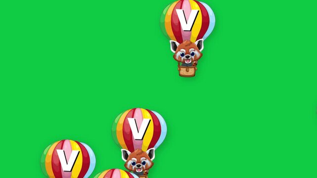 Animated Red Pandas in Hot Air Balloons Floating Down Green Screen