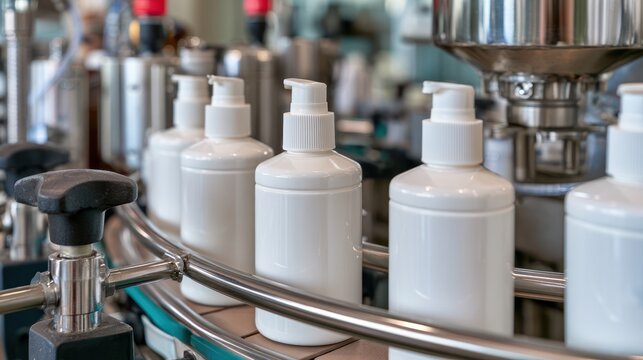 A line of white bottles with pump dispensers on a conveyor belt in a factory setting, possibly for cosmetics or cleaning products