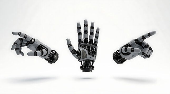 Robotic hand set with mechanical fingers, futuristic bionic prosthetic limbs in various gestures, advanced cyborg technology