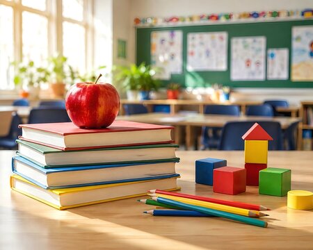 Colorful Classroom Education Scene with Books, Apple, Pencils and Learning Blocks