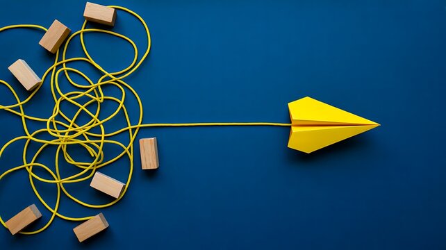Tangled charging cables transforming into yellow arrow representing simple technology solution