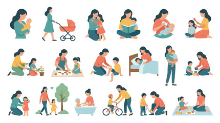 Fototapeta premium Diverse Mothers and Children Activities Flat Vector Icons