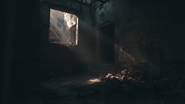 Urban ruin at dusk with soft light through a broken window onto a dusty floor. real-estate listings.