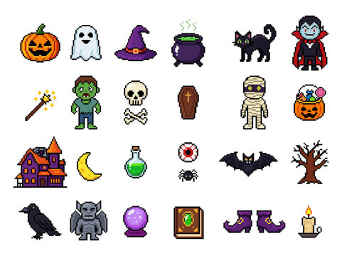 Pixel Halloween icon set with pumpkin, ghost and witch or vampire and black cat. Retro 8 bit arcade video game asset collection with cute spooky mummy, zombie and skeleton or bat for fantasy or horror